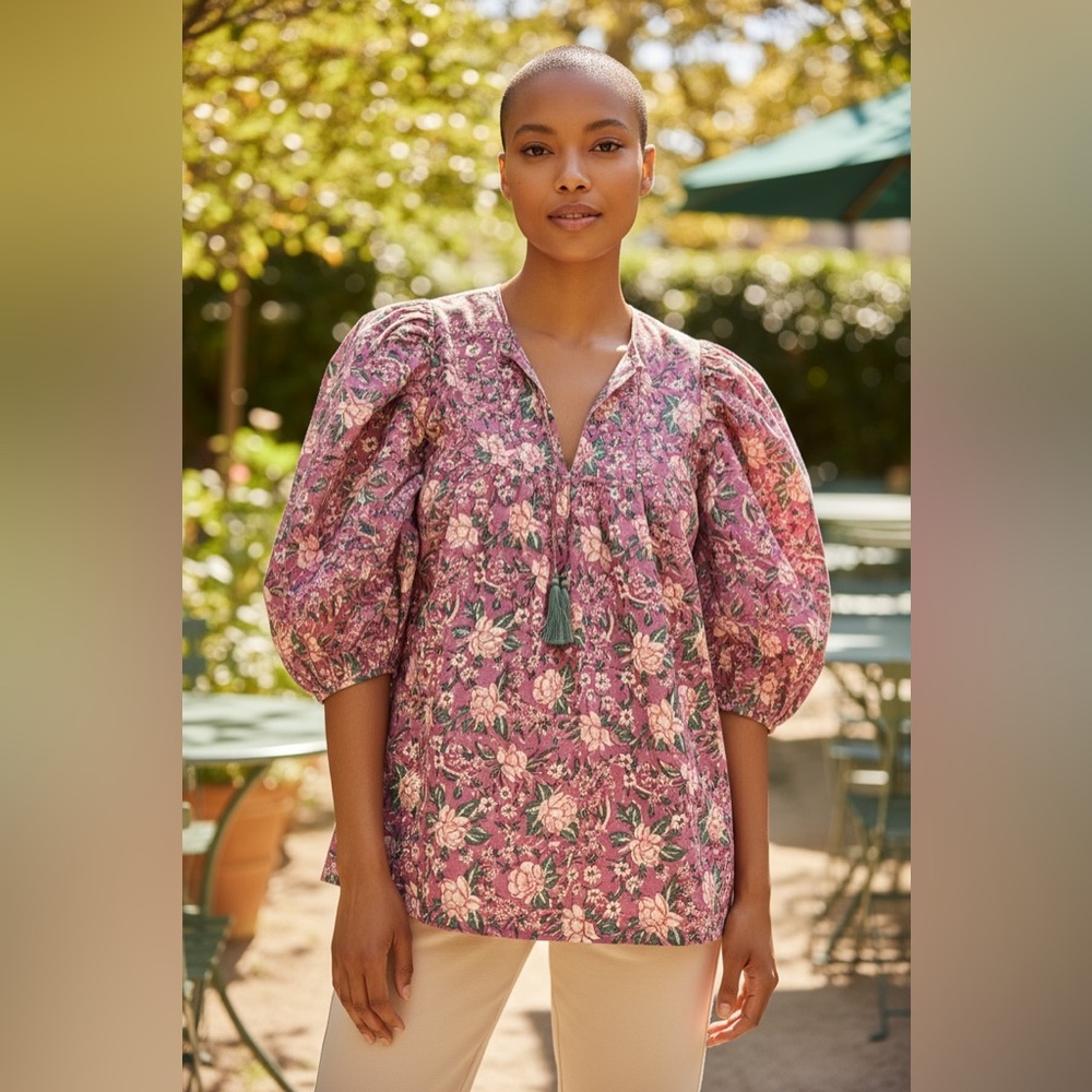 Floral Pink Blouse with Tassels